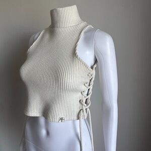 Hidden Cult Ribbed Turtleneck Sweater Tank With Lace-Up Sides Size S Crème